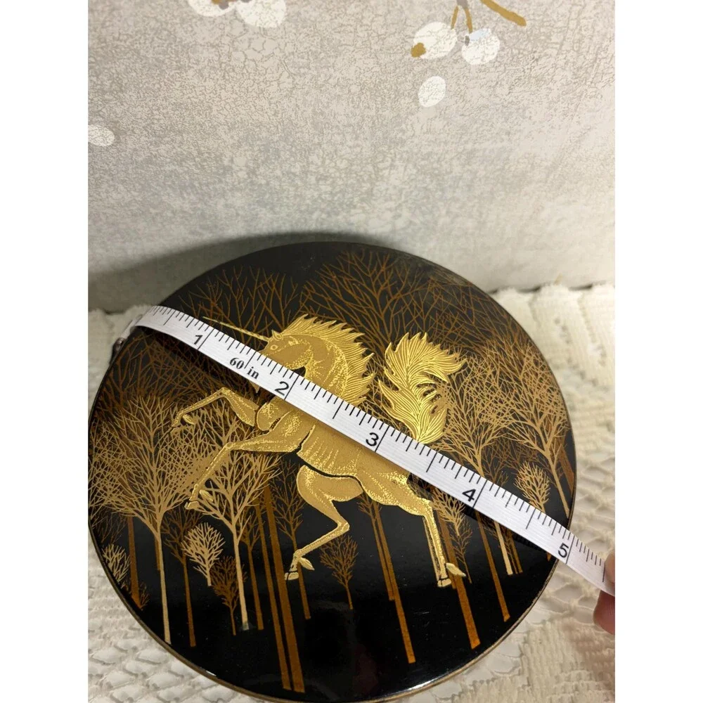 Vintage Otagiri Japan Black Gold Lacquer Unicorn Coaster Set with Lidded Box